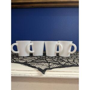 Hazel Atlas Milk Glass C Handle Diner Mugs White H A Mark Set of 4 1950s MCM